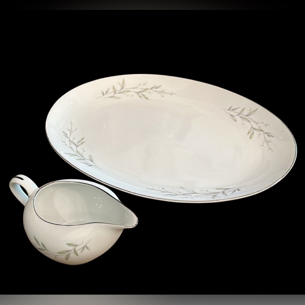 St Regis Japan Platter Creamer Gravy Boat Fine China White Gray Floral w Silver